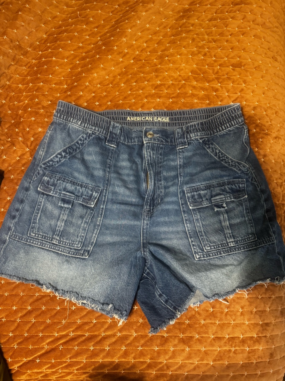 American Eagle Outfitters Women's Dark Blue Boyfriend Jeans Shorts with Raw Hem